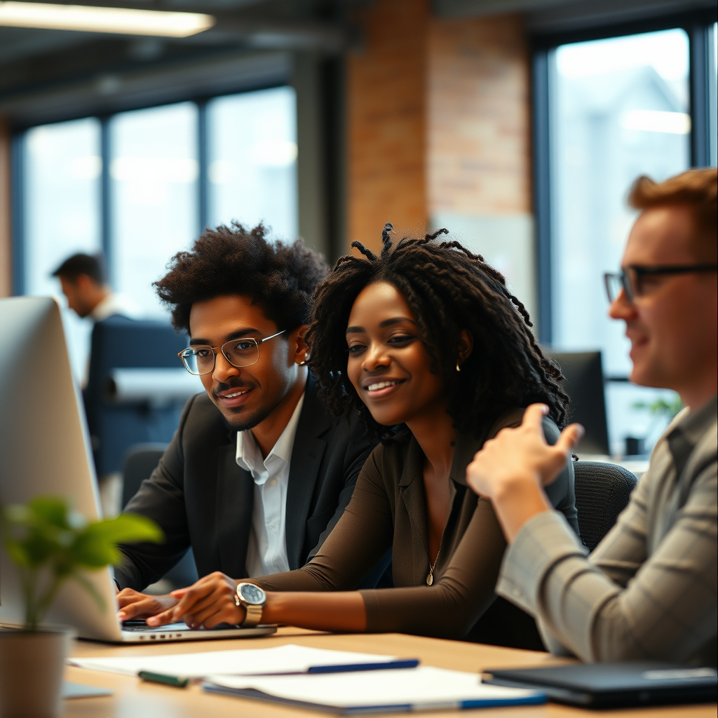 Researchers gathered around a monitor screen in a relaxed co-working space
