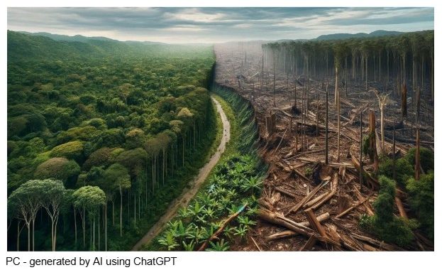 An AI generated image illustrating a road running through a forest with the right side of the road being littered with felled trees
